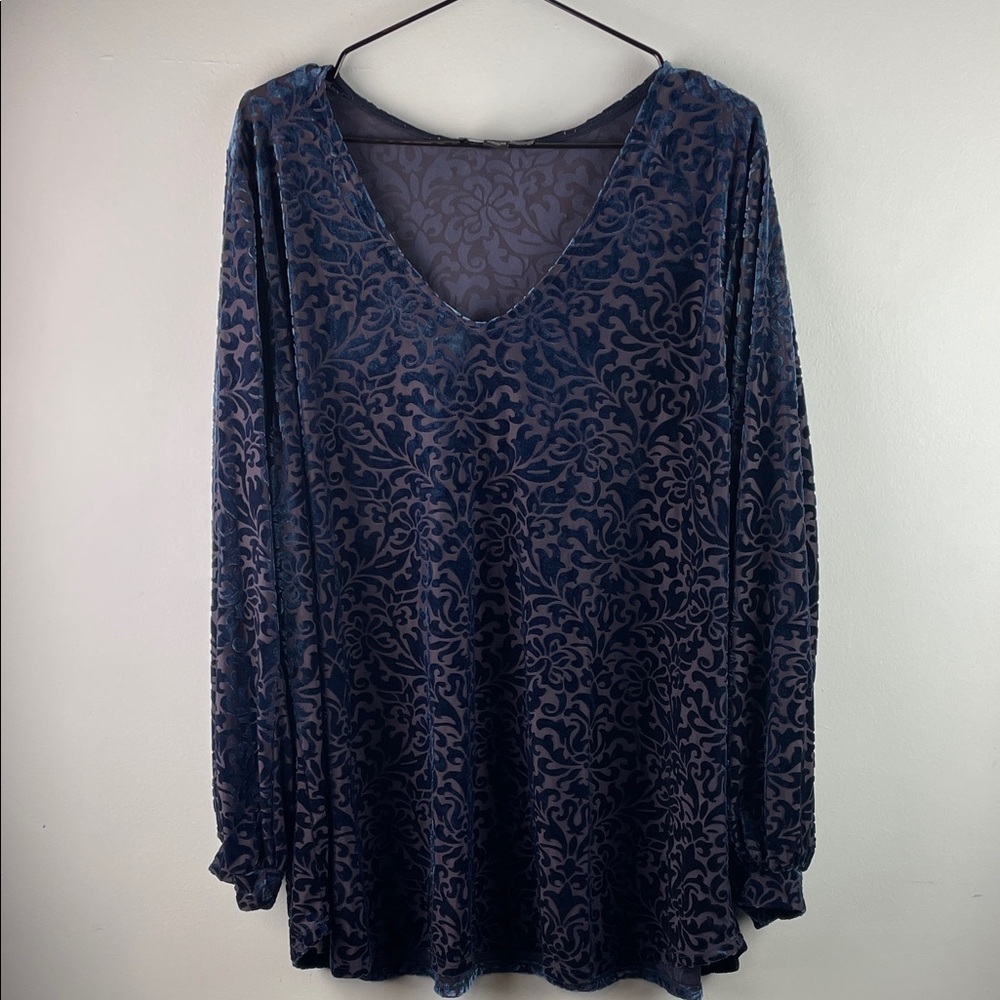 Karen Kane Blue Velvet Burnout Long Sleeve Sheer Top Size 3X